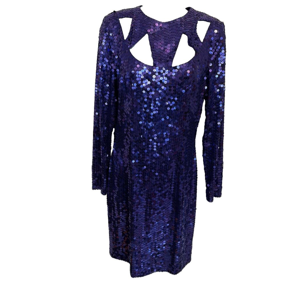 Vintage Nite Line Purple Sequin Cutout Bodycon Dress Long Sleeve 90s Glam 10